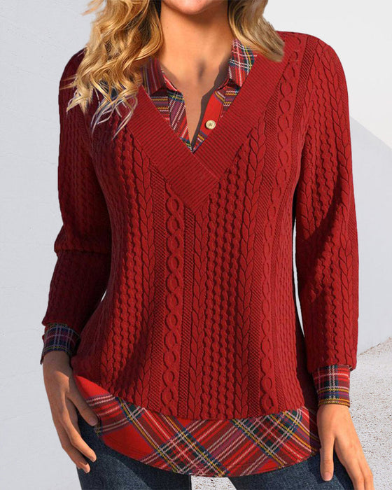 Plaid patchwork lapel sweatshirt