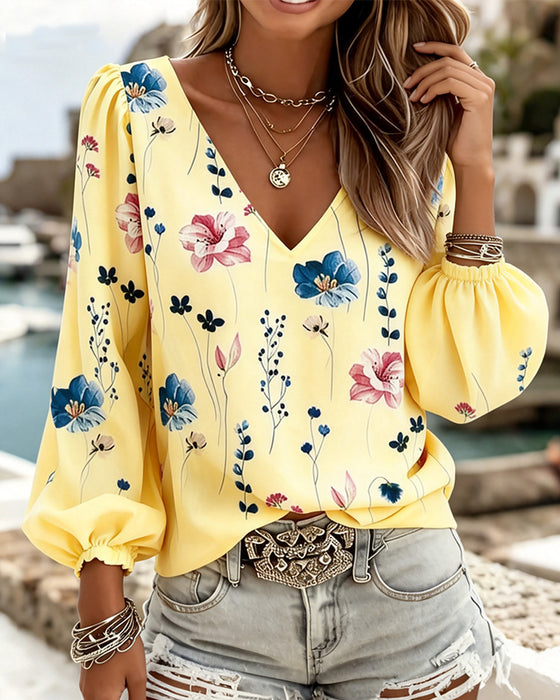 Lantern Sleeve V-Neck Floral Blouse