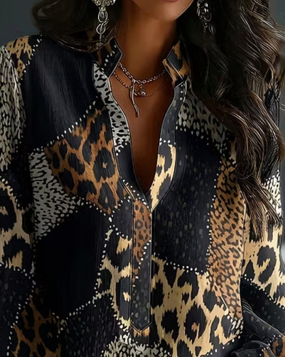 Mini Mandarin Collar Leopard Panel Relaxed Blouse