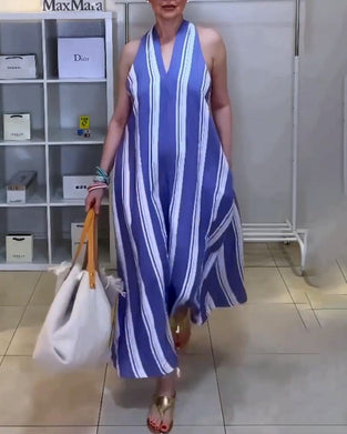 Striped print halter neck sleeveless dress