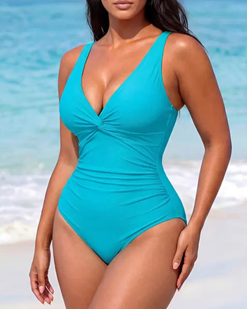 Front Twist Ruched Tummy Control One Piece Swimsuit