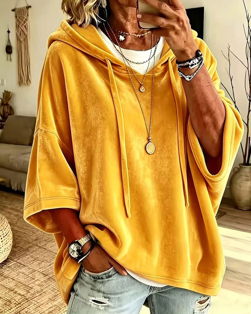 3/4 Sleeve Velvet Hooded Sweatshirt