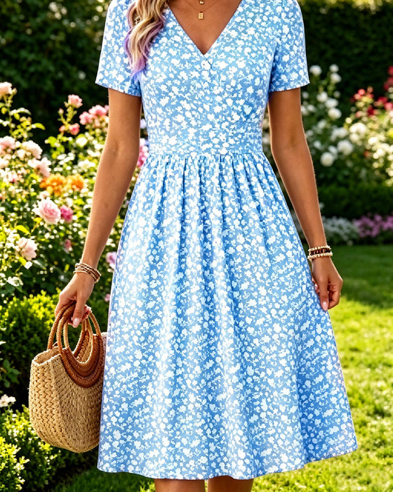 V-Neck Short SleeveTiny Floral Dress
