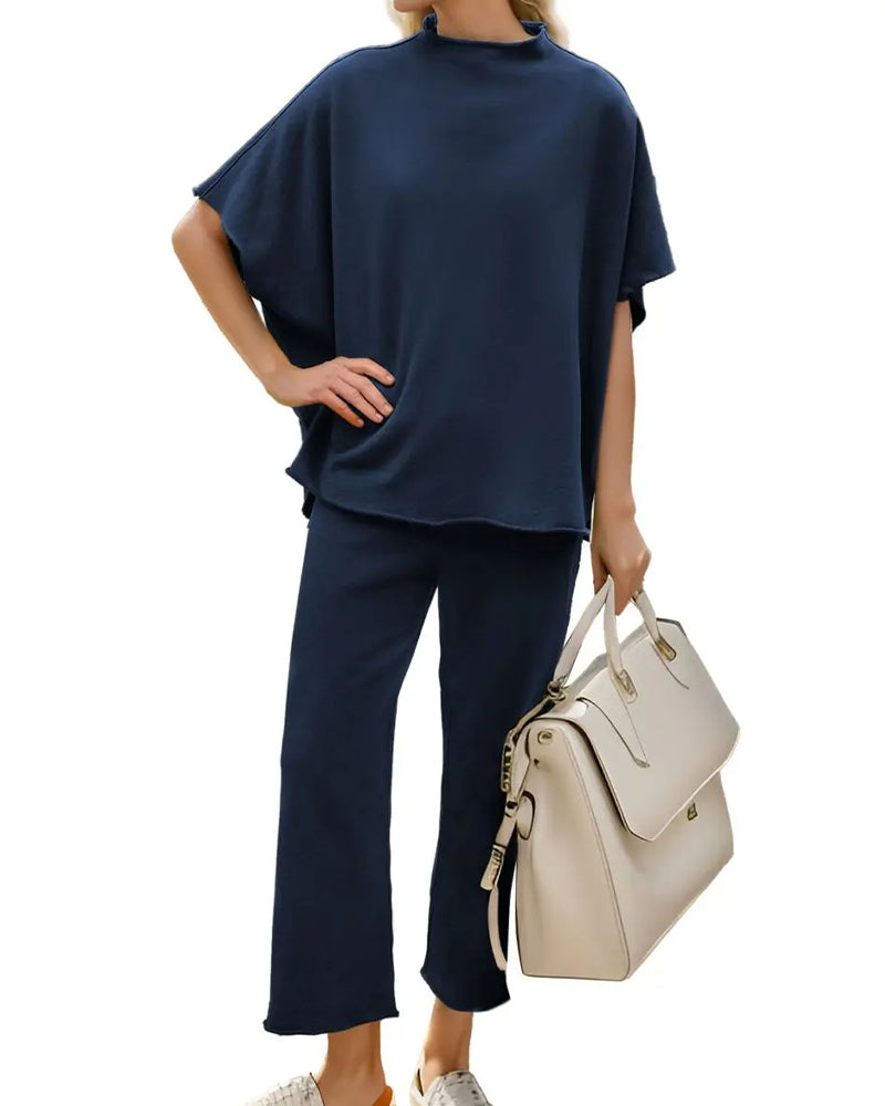 Solid Color Top and Straight-Leg Pants Set