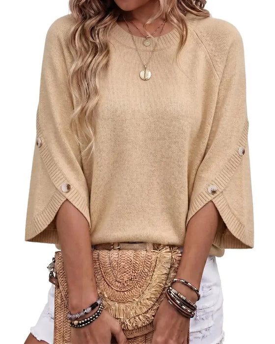Crew Neck Button-Up Bell Sleeve Pullover