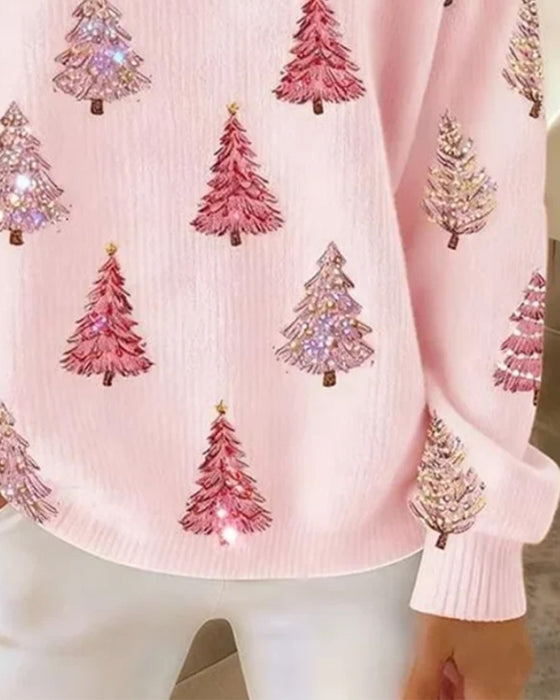 Christmas Tree Print Henley Collar Pullover