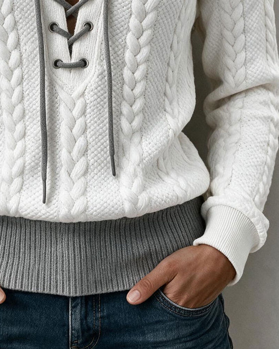 V-Neck Lace-Up Cable Knit Long Sleeve Blouse