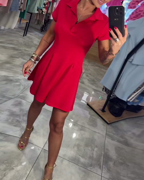 Lapel Short Sleeve Pleated A-Line Dress