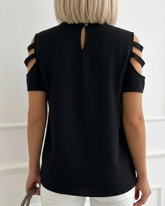 Cutout Strap V-Neck Short Sleeve Blouse
