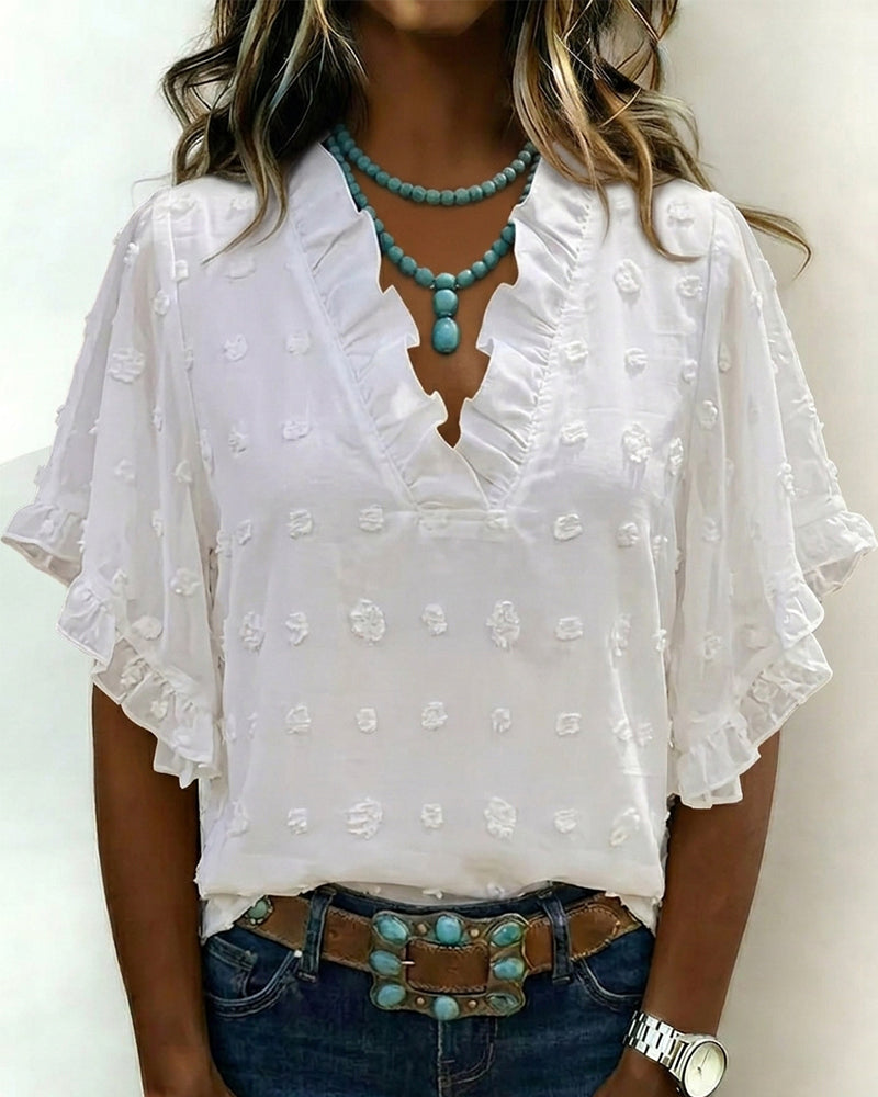 Jacquard V-Neck Ruffle Blouse