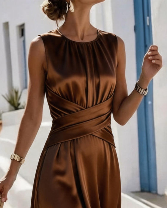 Sleeveless Crewneck Tie Waist Dress
