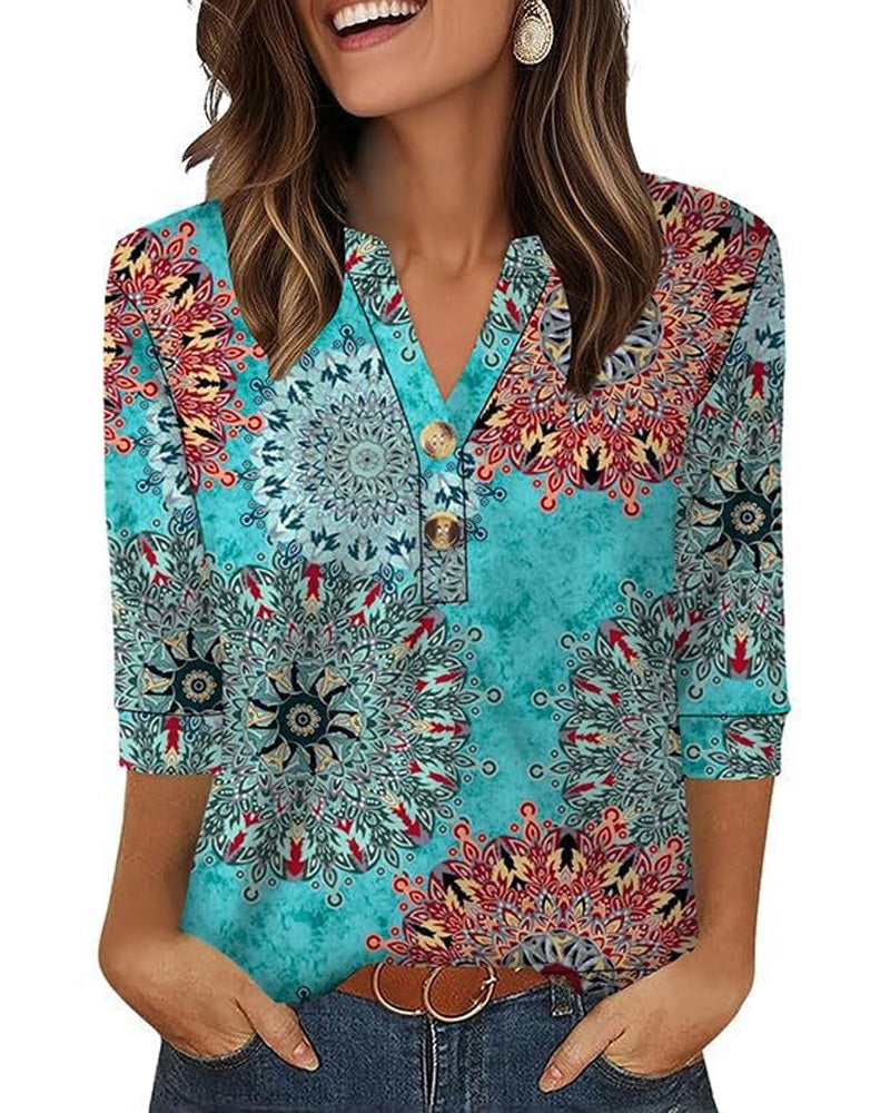 V-Neck Buttoned Three-Quarter Sleeve Blouse