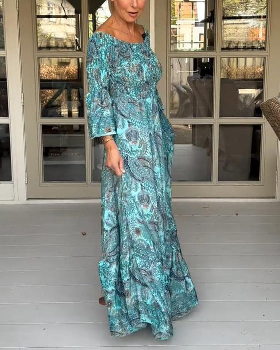 Elegant printed one-shoulder flare sleeve long dress