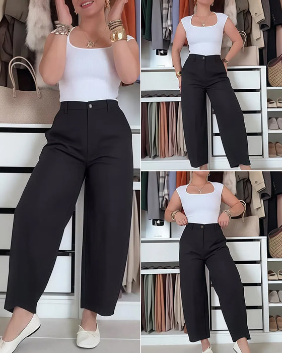 Button Pocket Wide-Leg Cropped Pants