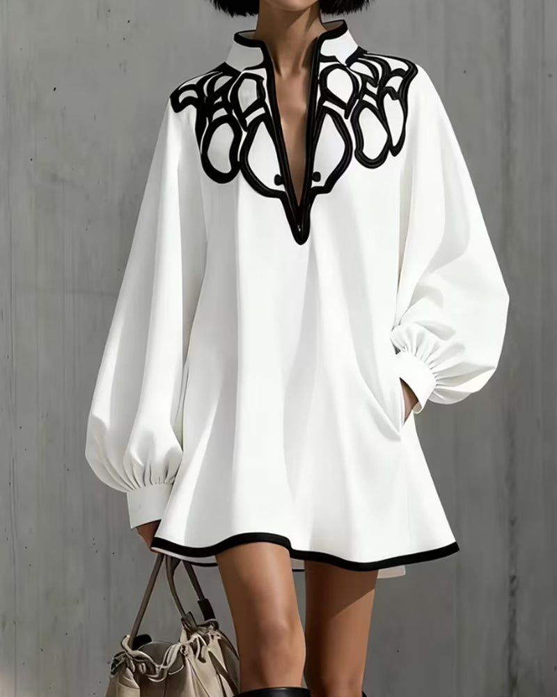 Stand Collar Lantern Sleeve Short Dress