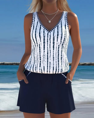 Casual Pocket V-Neck Printed Two-Piece Swimsuit