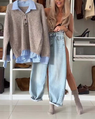 Long-Sleeved Button-Down Collar Pullover