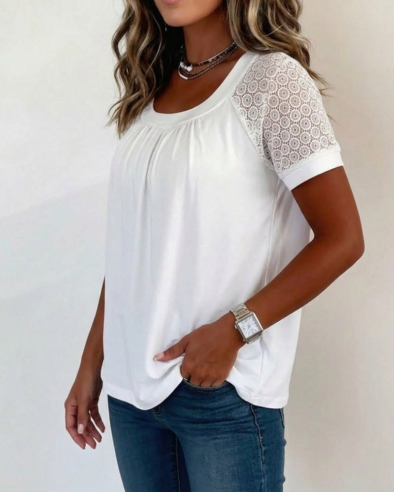 U-Neck Lace Raglan Short Sleeve T-Shirt