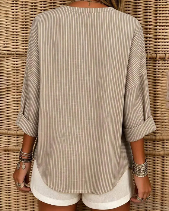 V-Neck Stripe Irregular Long Sleeve Top