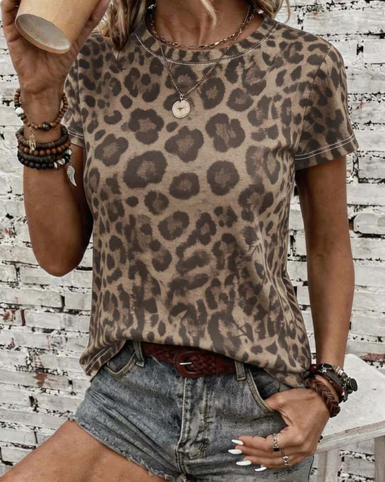 Slim-Fit Leopard-Print Crewneck Short-Sleeve T-Shirt