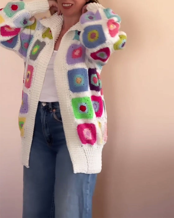 Lapel colorful square print cardigan