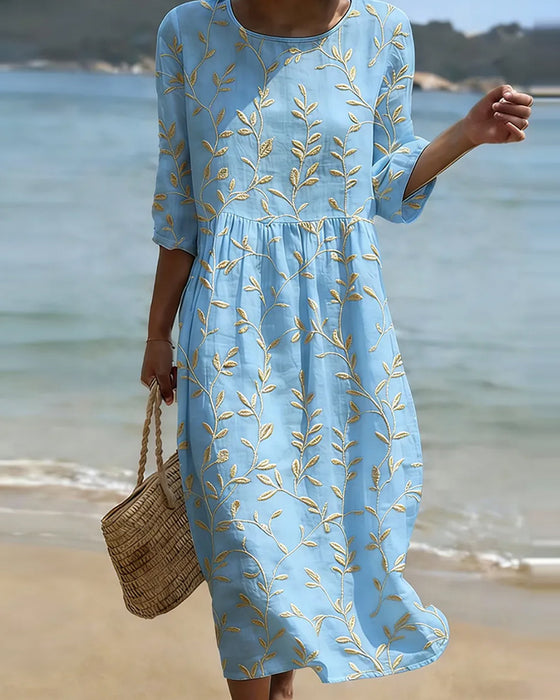 Crew Neck Embroidered Solid Casual Dress