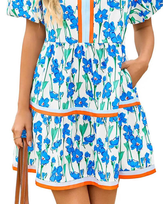 V-Neck Floral Bubble Sleeve Patchwork Dress