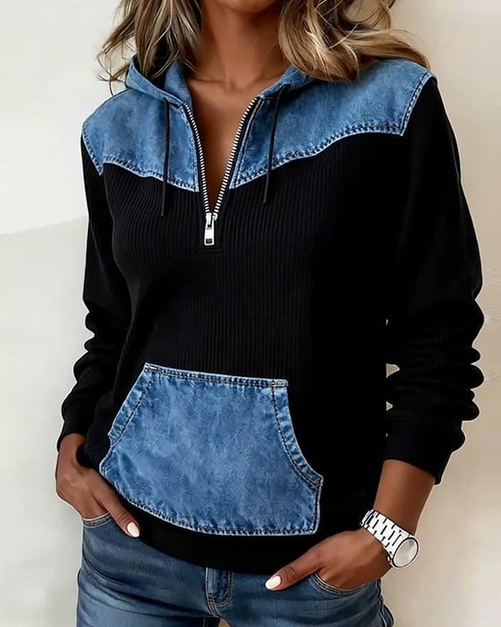 Half-Zip Hooded Patchwork Colorblock Sweatshirt