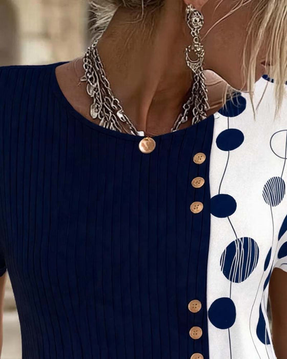 Ribbed Button Polka Dot T-Shirt