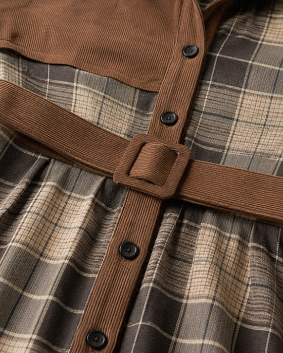 Patchwork Plaid Belted Shirt Dress