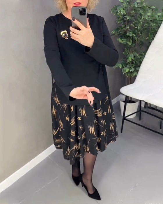 Casual Loose Print Dress with Round Neck