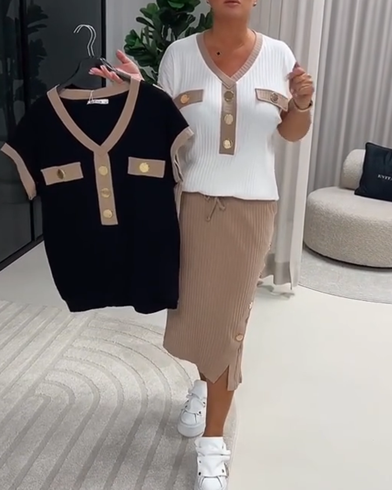 V-Neck Fashion Ribbed Button T-Shirt