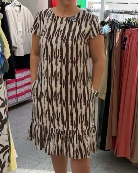 Round Neck Printed Short-Sleeve A-Line Dress