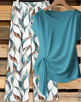 Knot Blouse Print Wide-Leg Pants Set