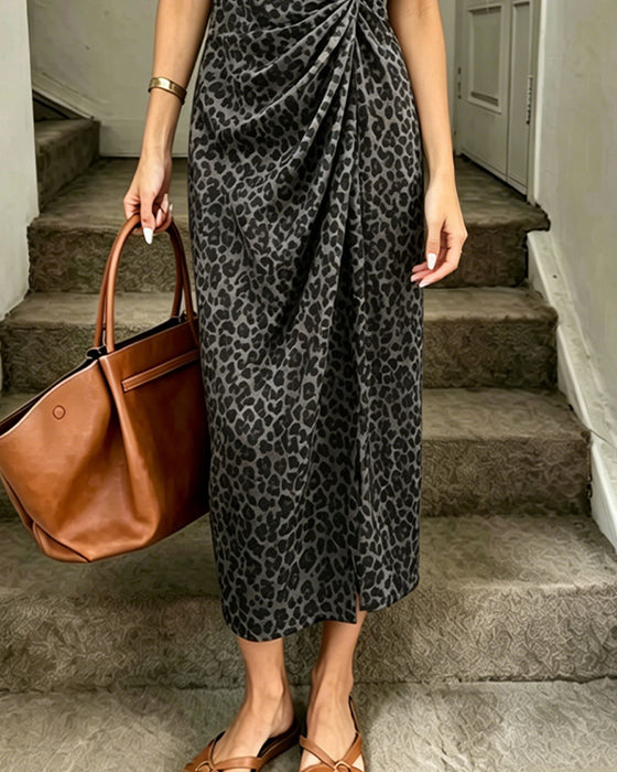 Crew Neck Twist Front Leopard Short Sleeve Long Dress