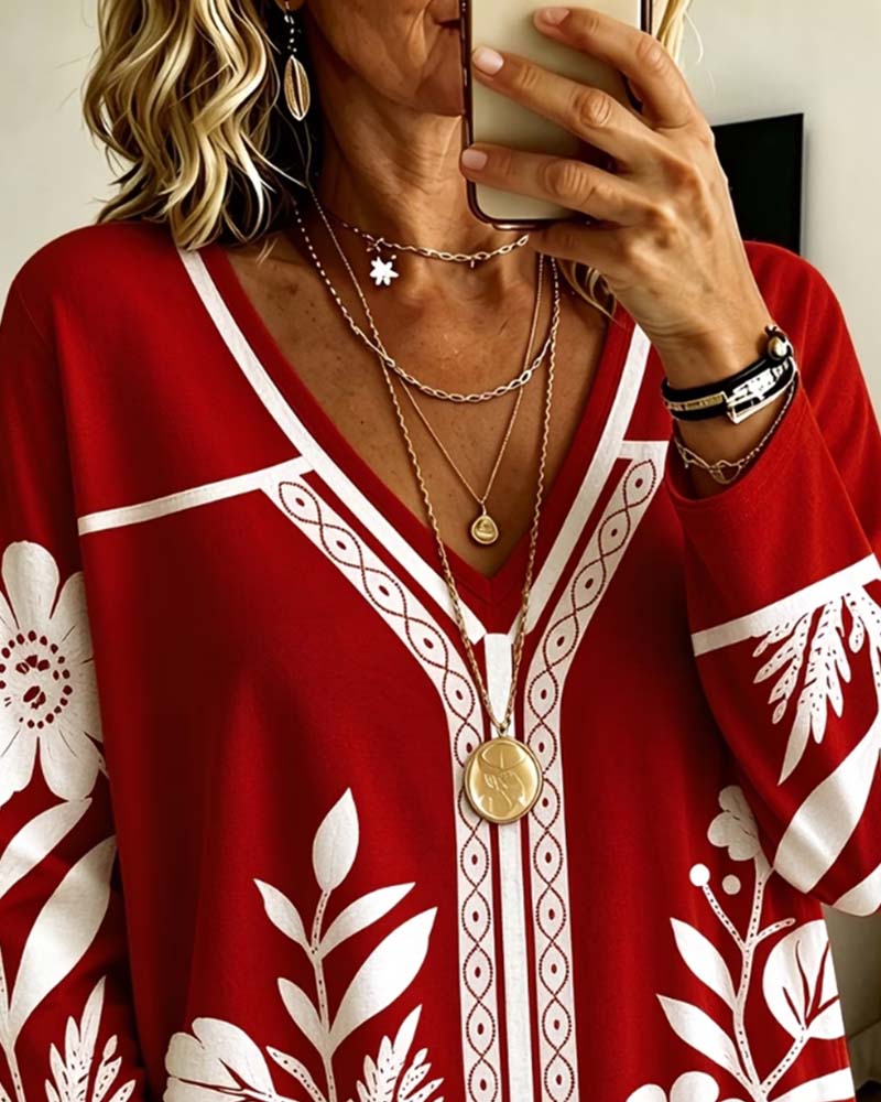 V-Neck Floral Print Top