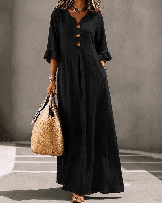 V-Neck Button Ruffle Full Skirt Dress