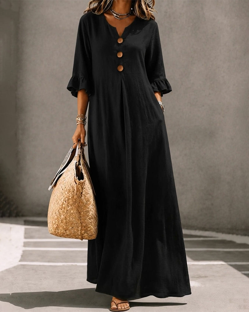 V-Neck Button Ruffle Full Skirt Dress