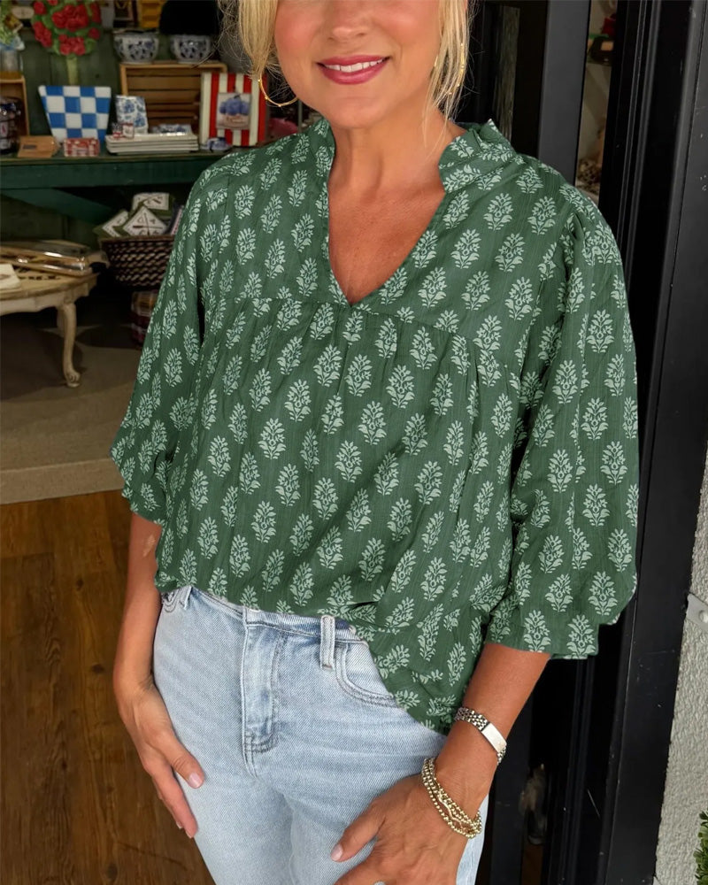 Three-Quarter Sleeve Printed Casual Blouse