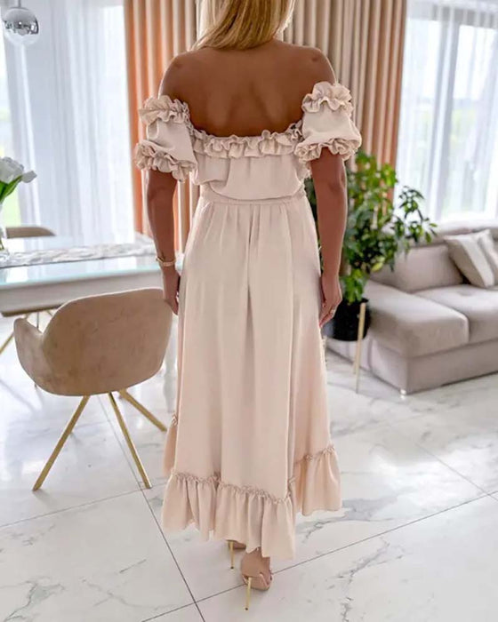 One shoulder puff sleeve solid color dress