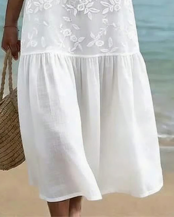 V-Neck Embroidered Vacation Style Dress