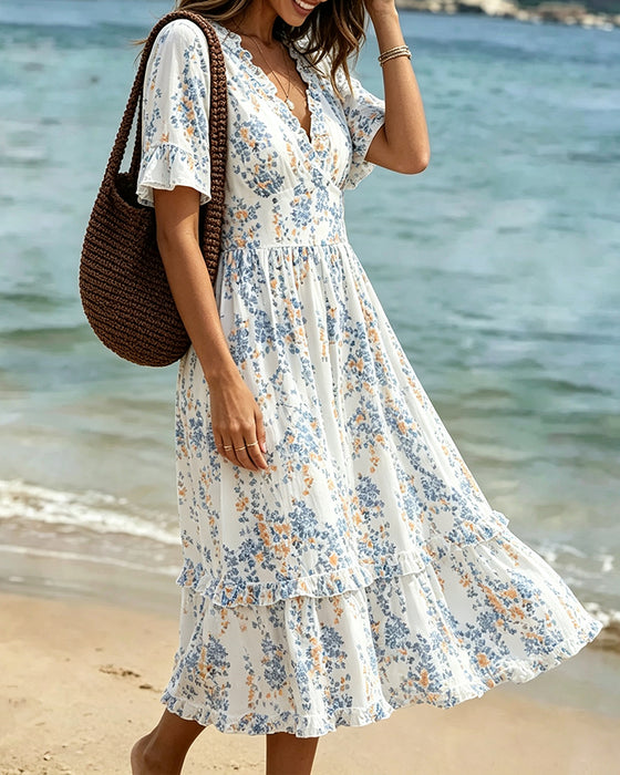 Floral Ruffle V-Neck Patchwork Dress