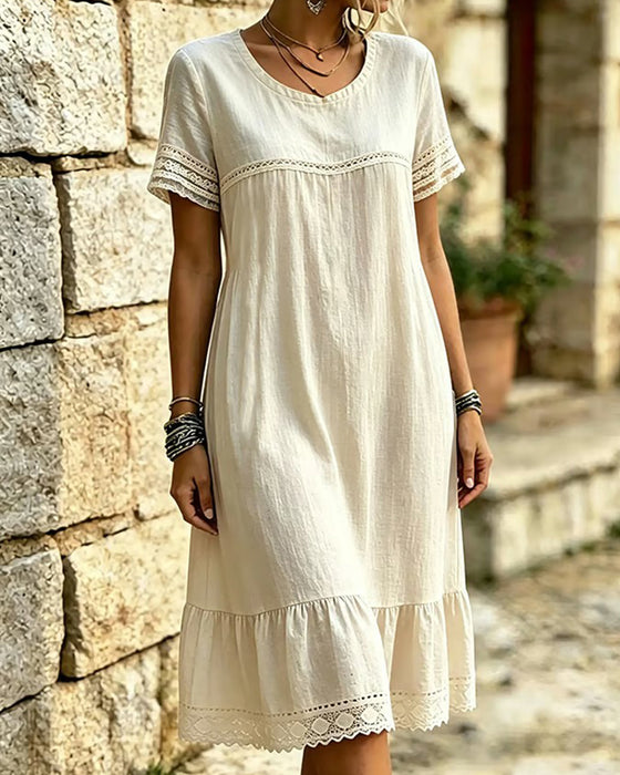 Lace Ruffle Round-Neck Short-Sleeve Dress