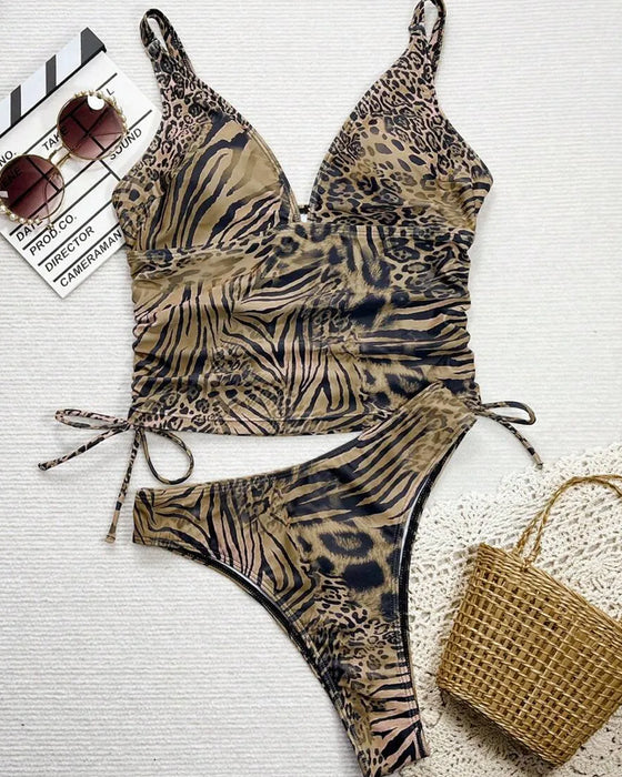 Bind Strap Halter Leopard Print Bikini