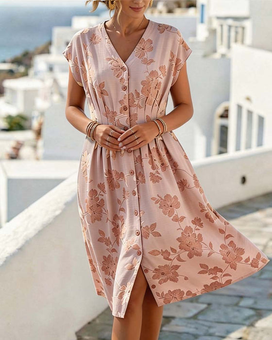 V-Neck Print Cinched Waist Button-Front Dress