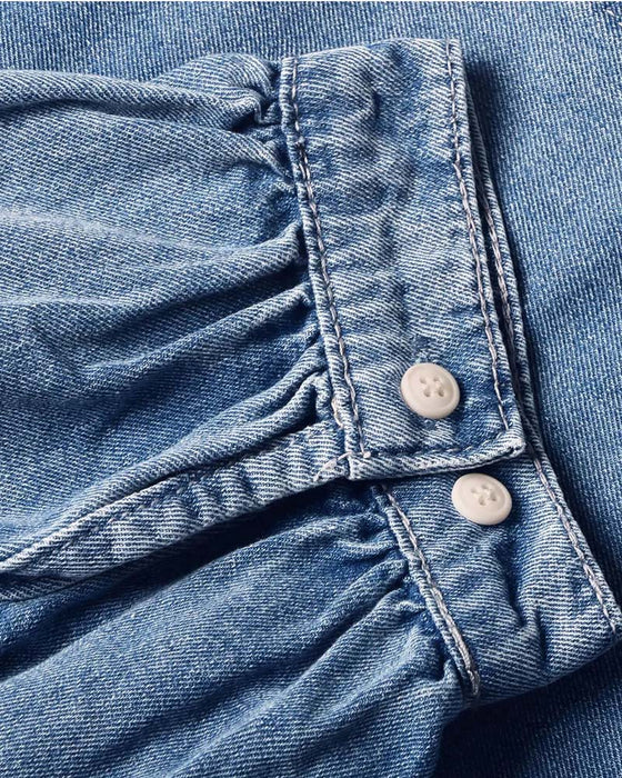 Snap Button Denim Lantern Sleeve Loose Shirt