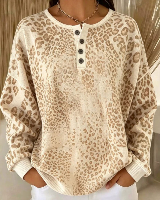 Leopard Print Round Neck Loose Fit Sweatshirt