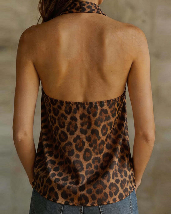 Bluse V-Hals Halter Leopard Ermeløs