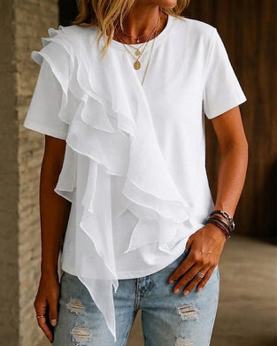 Crew Neck Ruffle Irregular T-Shirt