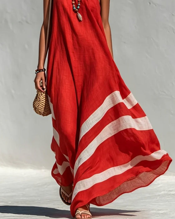 One-Shoulder Striped Color Block Full Skirt Dress